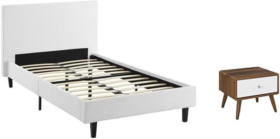 Pemberly Row Set of 2 Twin Modern Bed in White and Nightstand in Walnut/White