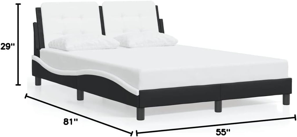 Faux Leather Bed Frame with Headboard Black and White 53.9'x74.8' Platform Bed Frame Modern Waved Design for Bedroom Furniture