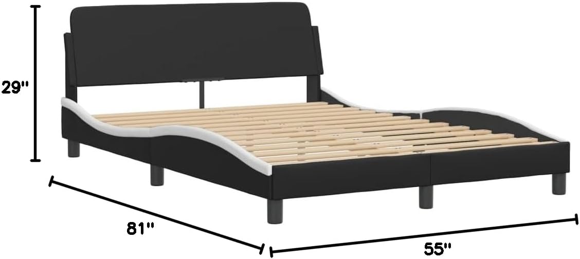 Full Size Bed Frame with Headboard Black and White Faux Leather Platform Bed Frame No Mattress Needed Sturdy Metal Legs Modern Wavy Design for Bedroom Furniture
