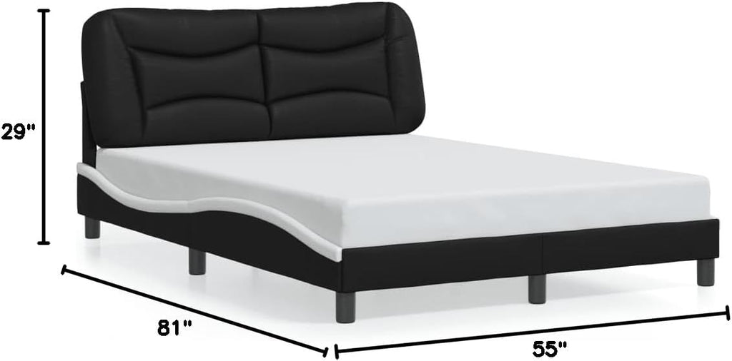 Upholstered Platform Bed Frame with Headboard Black and White Faux Leather Full Size 53.9'x74.8' Modern Wavy Design Sturdy Wood Slats Bedroom Furniture