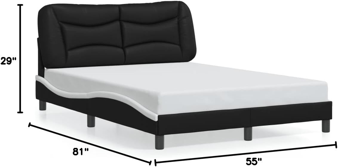 Upholstered Platform Bed Frame with Headboard Black and White Faux Leather Full Size 53.9'x74.8' Modern Wavy Design Sturdy Wood Slats Bedroom Furniture