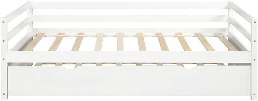 Twin Daybed with Trundle Frame Set in White, Solid Pine Wood Construction for Kids Room or Guest Bedroom (White + Pine + Twin)