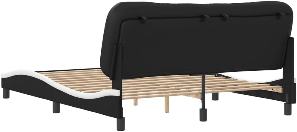 Queen Platform Bed Frame with Headboard 59.8'x79.9' Faux Leather Upholstered Modern Bedframe Black and White Wavy Design for Bedroom Furniture