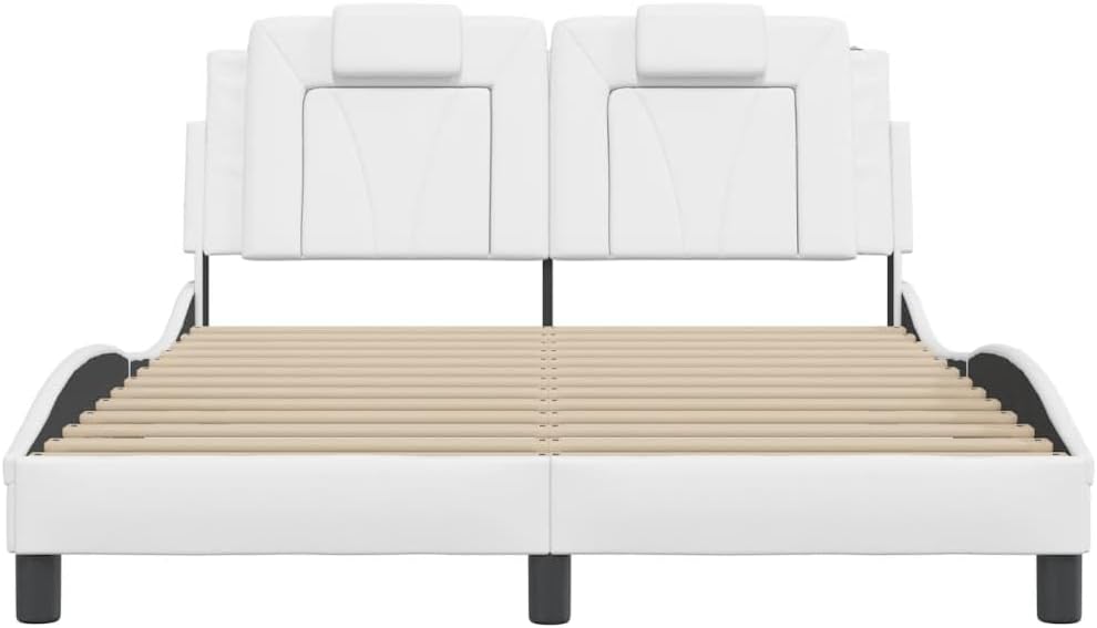 White Upholstered Queen Bed Frame with Soft Faux Leather Headboard Modern Platform Bed Frame Sturdy Pine Wood Structure for Bedroom