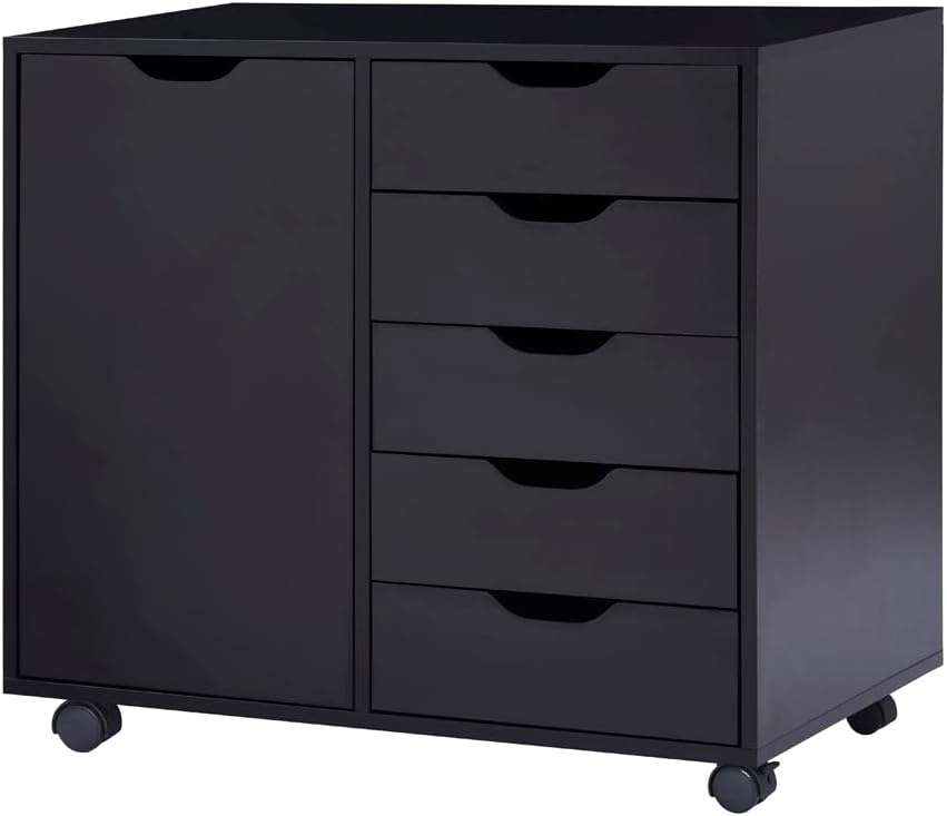 Naomi Home Rolling Storage Cabinet with 5 Drawers & Side Cabinet, Engineered Wood Organizer with Shelves, Handle-Free Design & Swivel Casters for Home Office, Kids Room & Entryway - Black