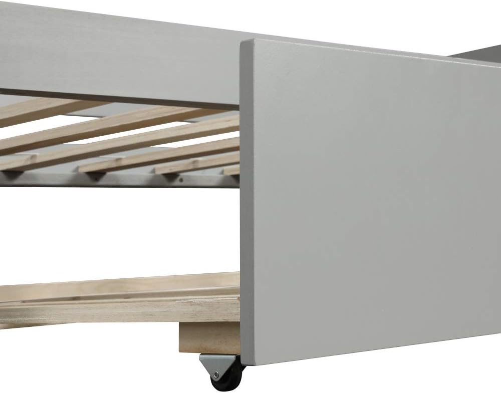 Twin Daybed with Trundle Frame Set in White, Solid Pine Wood Construction for Kids Room or Guest Bedroom (Gray + Pine + Bedroom)
