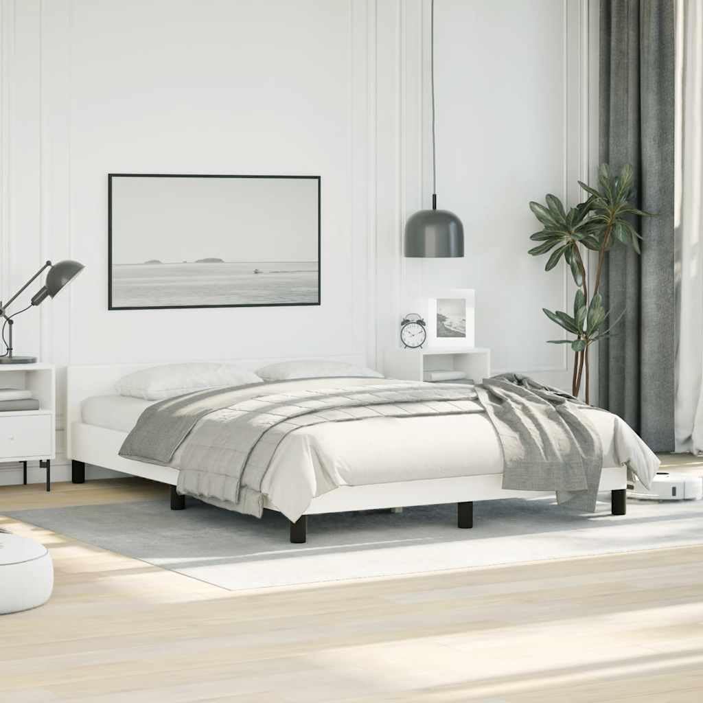 White Full Bed Frame with Headboard Platform Bed Faux Leather Upholstered No Box Spring Needed Sturdy Slat Support Bedroom Furniture
