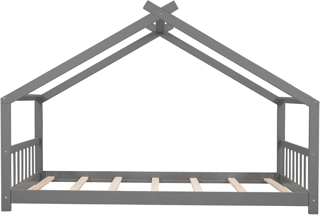 JIVOIT Twin Size Wood House Bed, Solid Wood Tent Bed Canopy Bed Frame with Roof Design, Twin Floor Bed with Wood Slats Support, No Box Spring Needed (Gray-Twin-Pinewood)