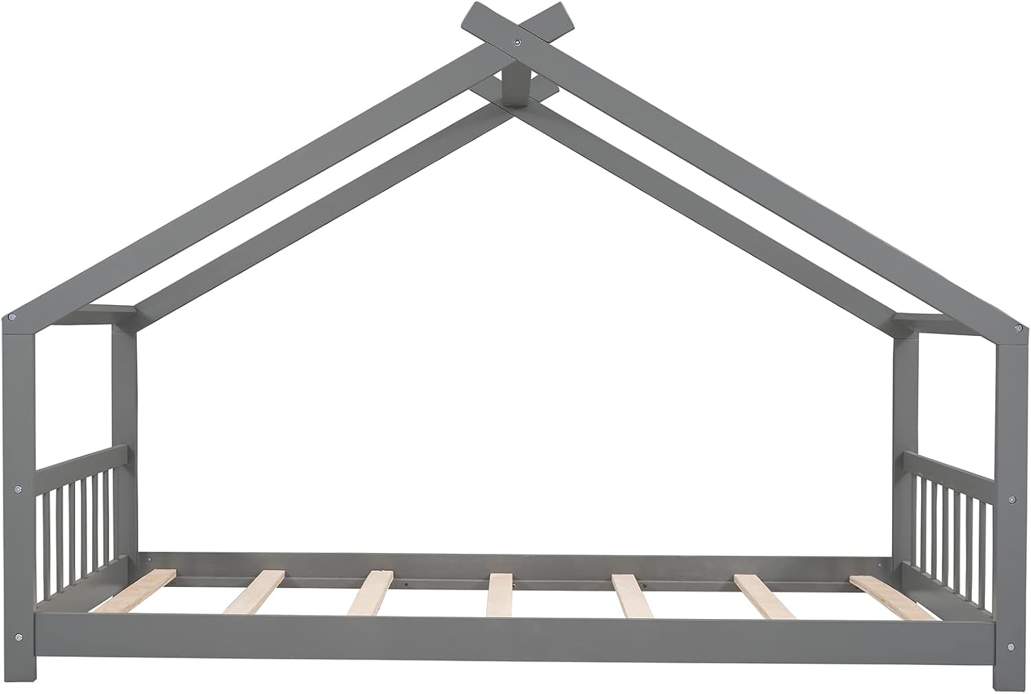 JIVOIT Twin Size Wood House Bed, Solid Wood Tent Bed Canopy Bed Frame with Roof Design, Twin Floor Bed with Wood Slats Support, No Box Spring Needed (Gray-Twin-Pinewood)