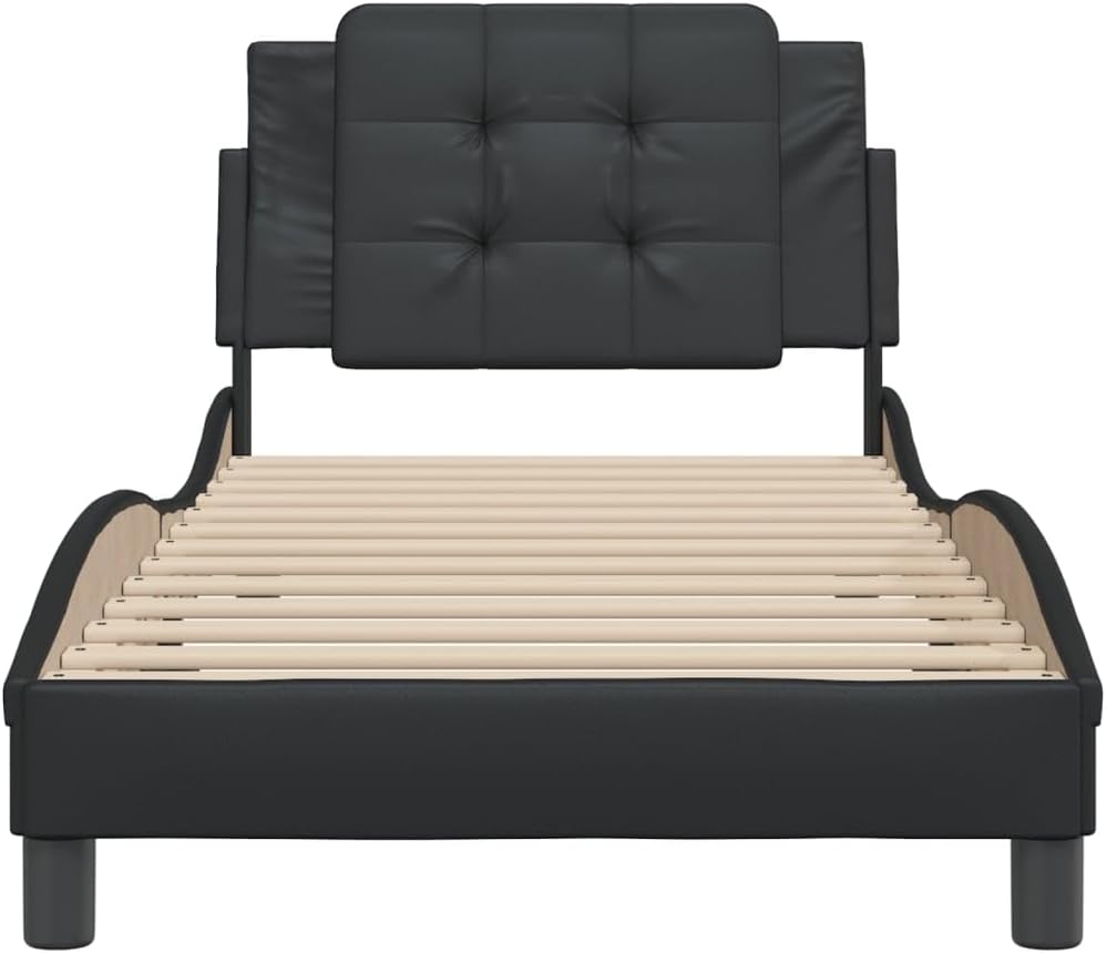Twin Bed Frame with Headboard Black Faux Leather Platform Bed Frame 39.4x74.8 Inch Sturdy Wood Slats Modern Waved Design for Bedroom Furniture