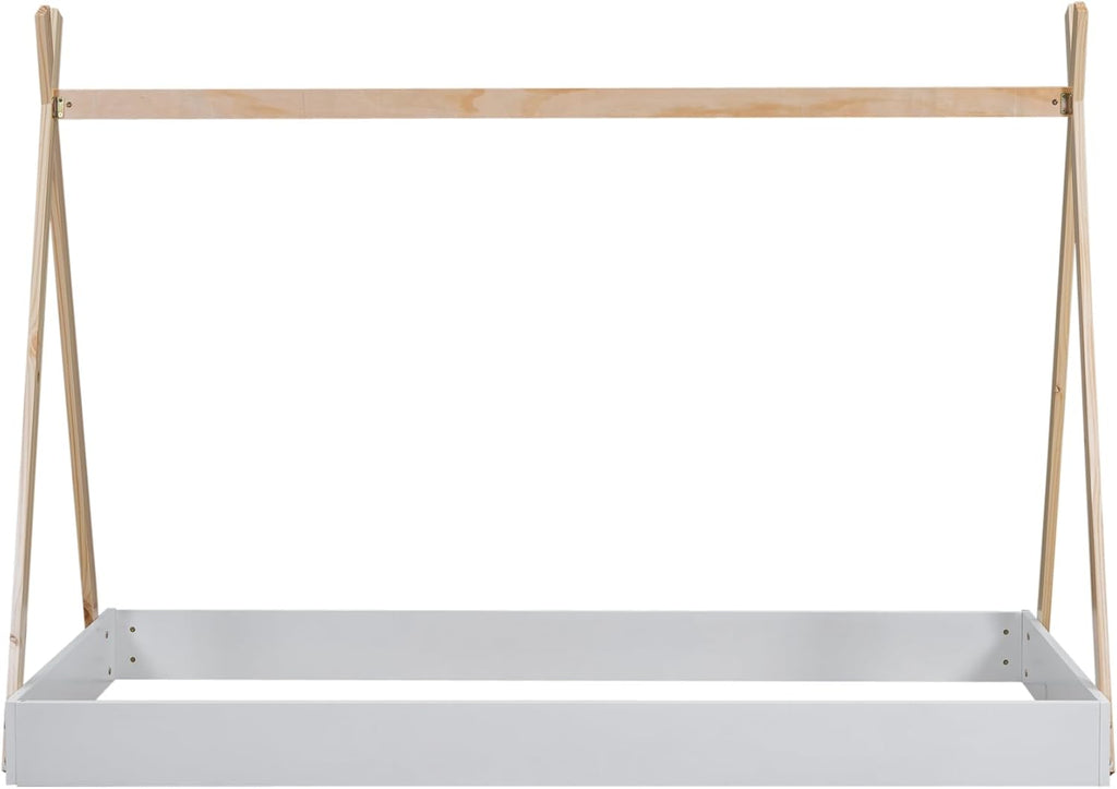 Twin Size Tent Floor Bed with Triangle Structure, Wood Floor Bed Frame, Twin Size Montessori Bed Playhouse House Platform Bed with X-Shaped Safety Railings for Kids Boys Girls (White+Natural & Twin)