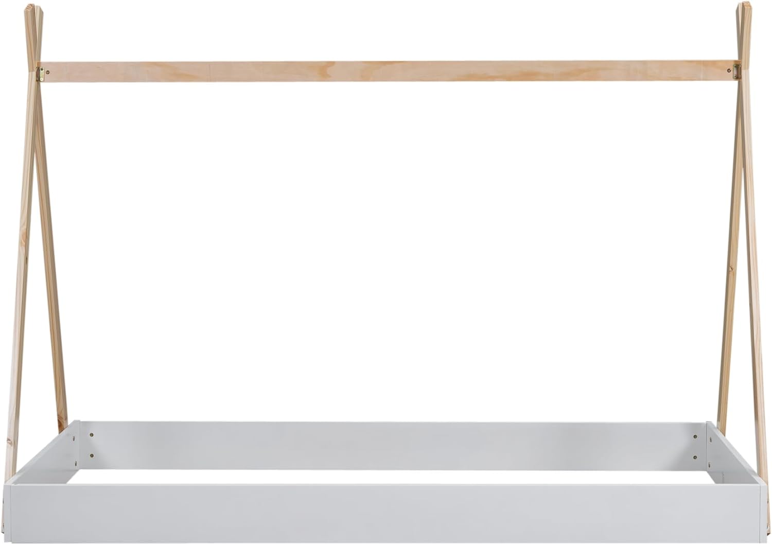 Twin Size Tent Floor Bed with Triangle Structure, Wood Floor Bed Frame, Twin Size Montessori Bed Playhouse House Platform Bed with X-Shaped Safety Railings for Kids Boys Girls (White+Natural & Twin)