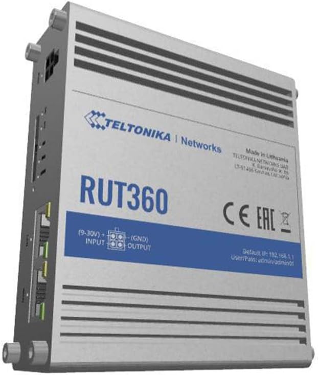 Teltonika RUT360100100 Model RUT360 LTE Industrial Cellular Router; Only for use in USA; 4G/3G Frequencies; Ethernet Interfaces, WiFi and Cellular Module; Compatible with IoT and M2M Applications