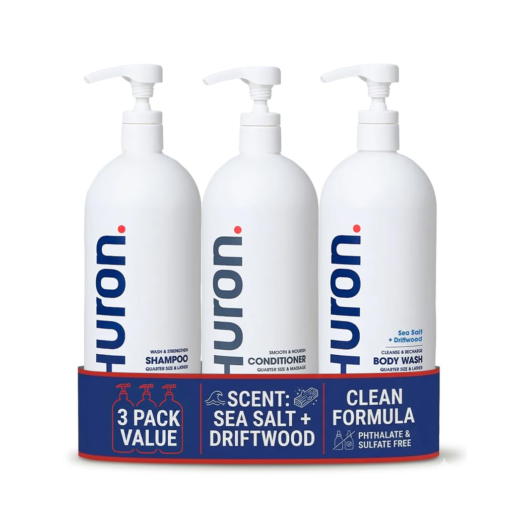 Huron Shower Kit for Men and Women – Shampoo, Conditioner & Body Wash with Sea Salt + Driftwood Scent, Hydrating, Phthalate-Free, non-toxic Ingredients for Hair & Skin Care, 30.3 fl oz (Pack of 3)