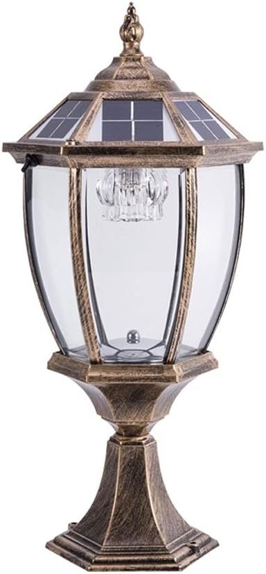 LED Solar Post Pillar Lantern Vintage Outdoor, Classic Glass Shade Aluminum Exterior Column Lamp, IP65 Bollard Lamps Outdoor Pedestal Lights Garden Landscape Lawn Lantern (Color : Brown-6000K)