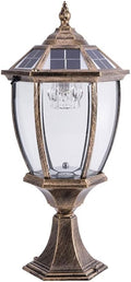 LED Solar Post Pillar Lantern Vintage Outdoor, Classic Glass Shade Aluminum Exterior Column Lamp, IP65 Bollard Lamps Outdoor Pedestal Lights Garden Landscape Lawn Lantern (Color : Brown-3000K)
