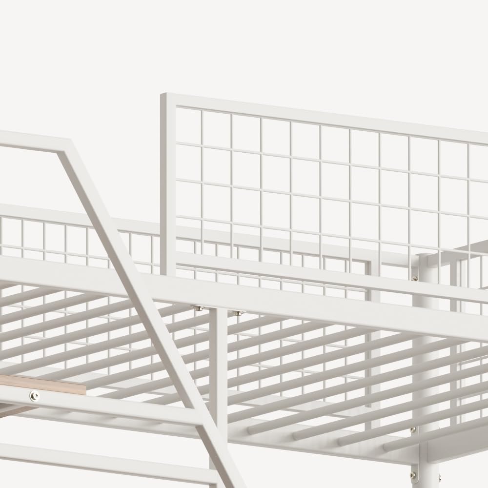 Twin Sized loft Metal Bed with Black for Bedroom and Dormitory, with Built-in Charging Station and LED Lighting (White + Metal & Wood + Bedroom)
