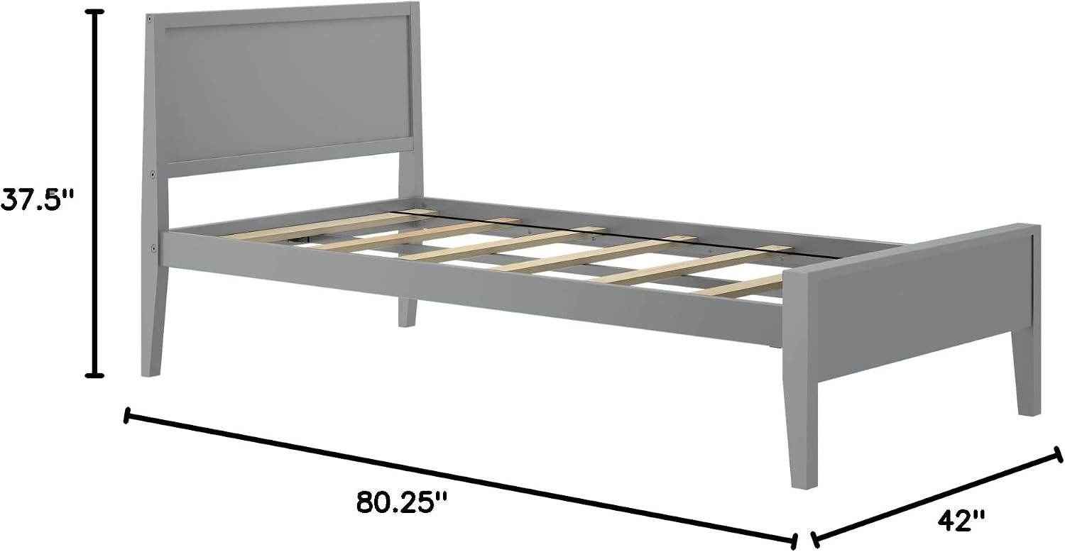 Max & Lily Twin Bed, Solid Wood Twin Bed Frame with Panel Headboard, Kids Twin Bed with Wood Slat Support, No Box Spring Needed, Grey