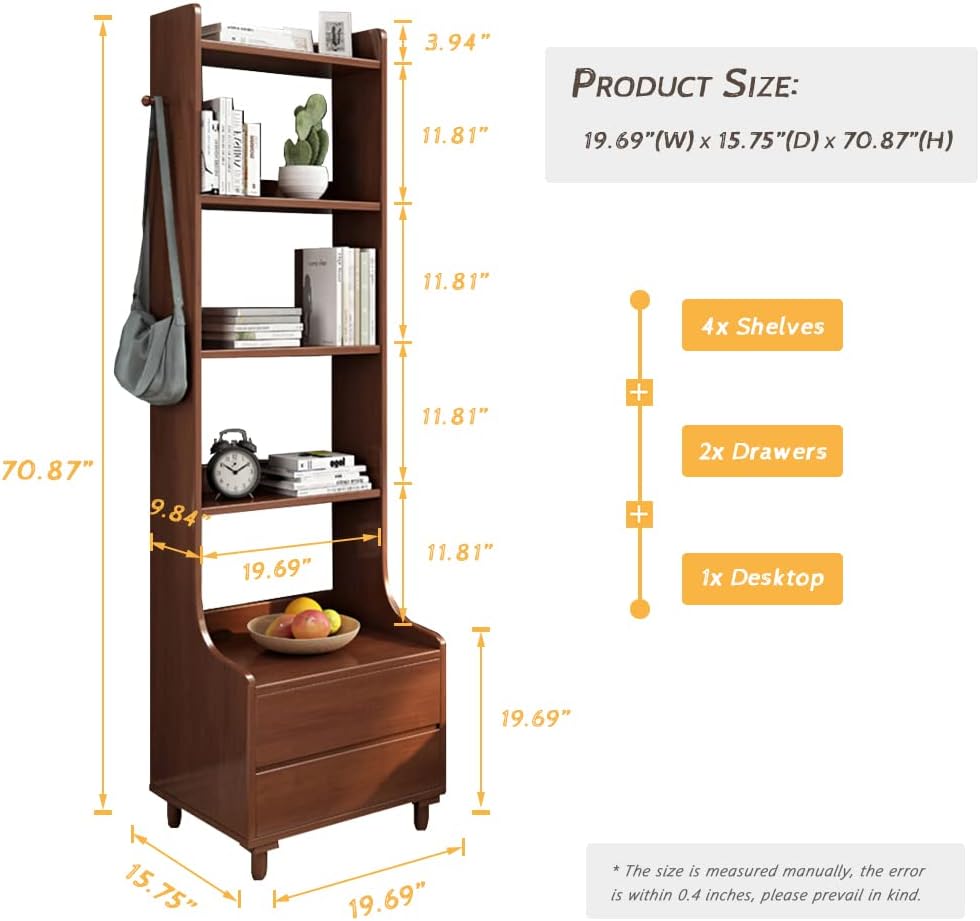 IOTXY Walnut Bedside Table Bookshelf - 71' Tall Free Standing Wooden Open Shelf Bookcase with Drawers and 4-Shelves for Bedroom, Bed Side End Table, Nightstand