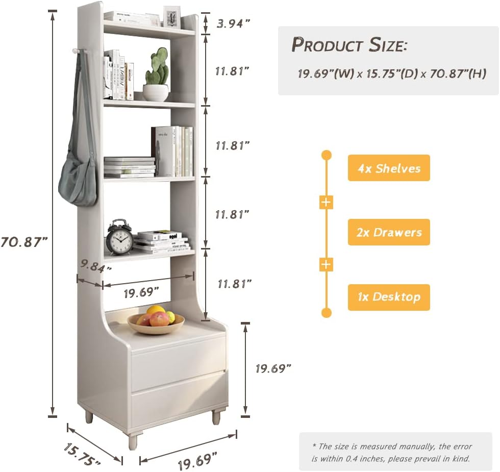 IOTXY White Bedside Table Bookshelf - 71' Tall Floorstanding Wooden Open Shelf Bookcase with 2-Drawers and 4-Shelves, Bedroom Bed Side End Table, Nightstand