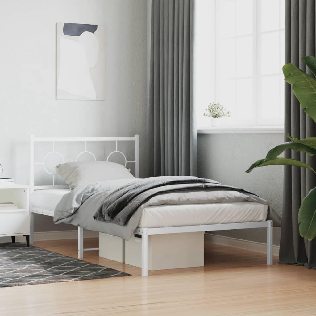 Metal Bed Frame with Headboard White 39.4'x78.7' - Sturdy Steel Platform Bed Frame for Queen Twin Mattress, Underbed Storage Space, Durable Bedframe for Bedroom Furniture