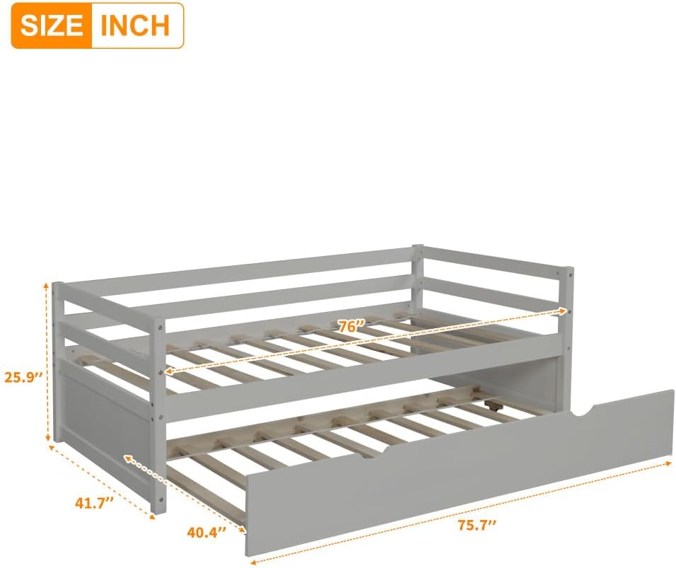 Twin Daybed with Trundle Frame Set in White, Solid Pine Wood Construction for Kids Room or Guest Bedroom (Gray + Pine + Bedroom)