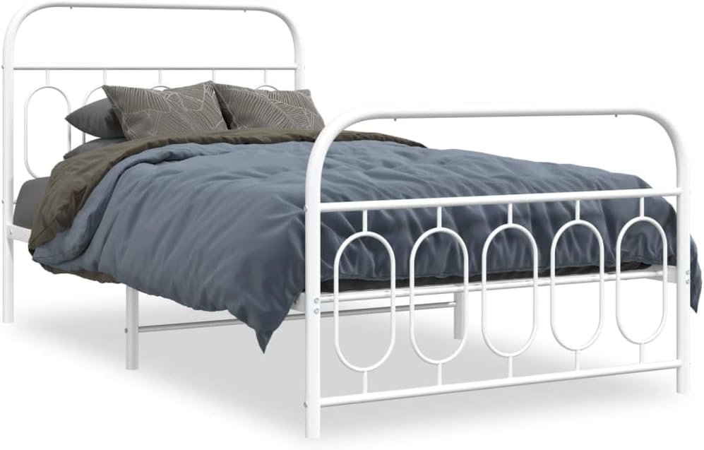 White Steel Twin Bed Frame Rectangular Modern Design for Adults, 4-Piece Set with Sturdy Metal Construction and Easy Assembly