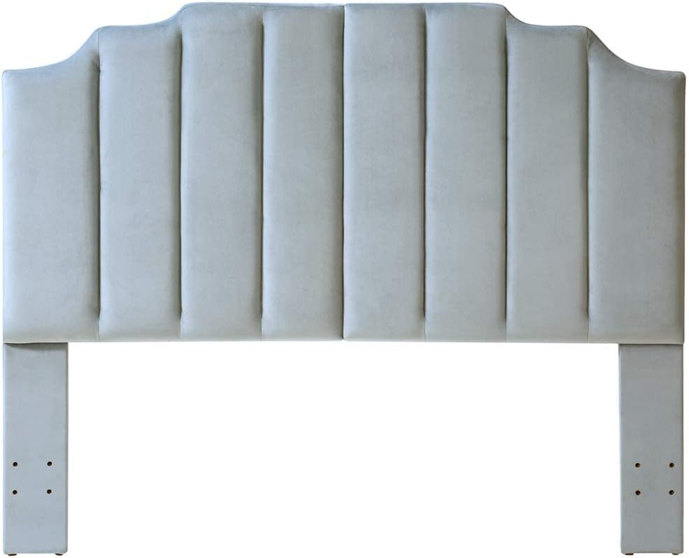 24KF Steel Gray Velvet Tufted Queen Upholstered Headboard, Modern Vertical Channel Design California Queen/Full Headboard with Stepped Silhouette Top Edge, 6026-Q-New Steel Gray
