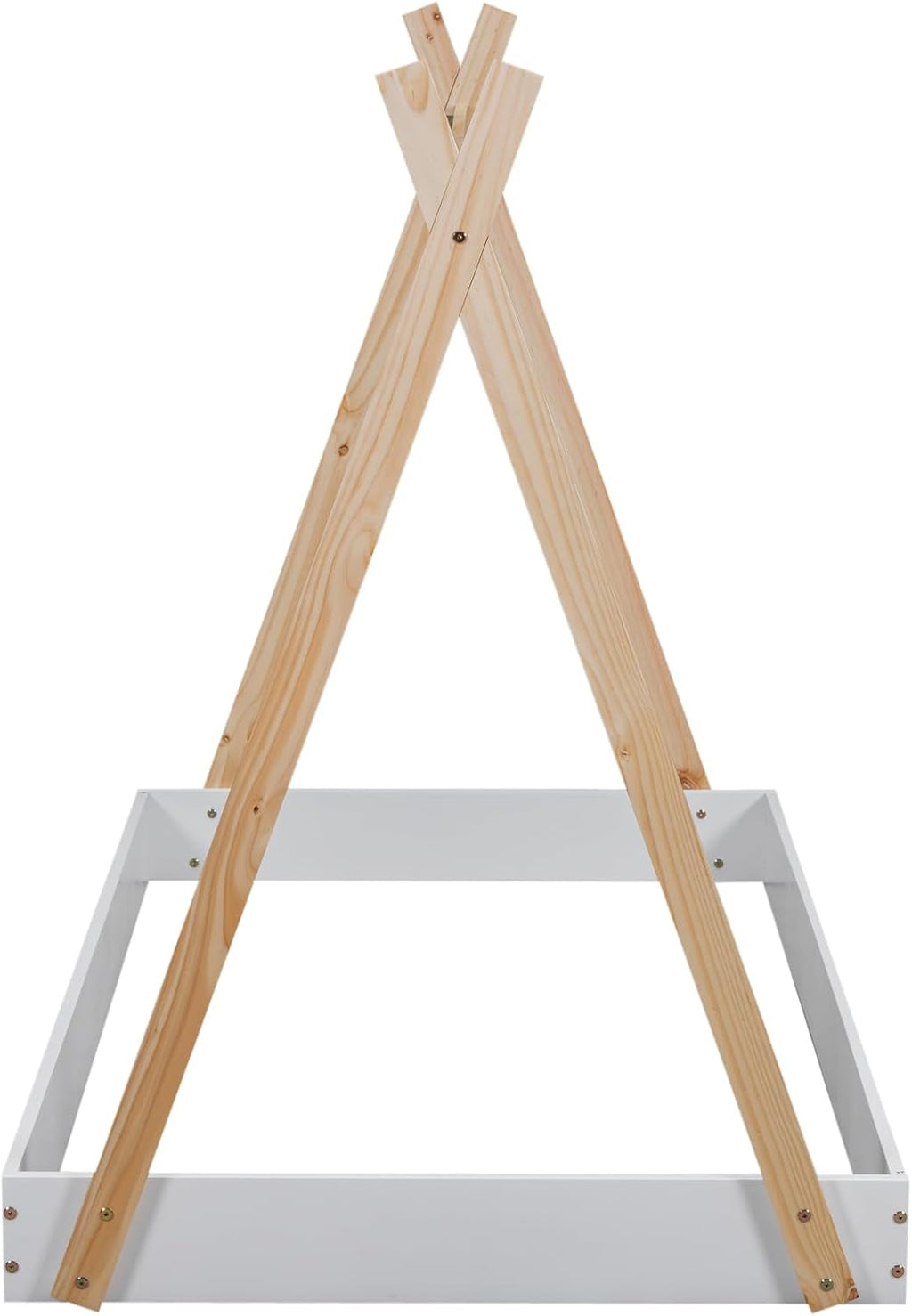 Twin Size Tent Floor Bed with Triangle Structure, Wood Floor Bed Frame, Twin Size Montessori Bed Playhouse House Platform Bed with X-Shaped Safety Railings for Kids Boys Girls (White+Natural & Twin)