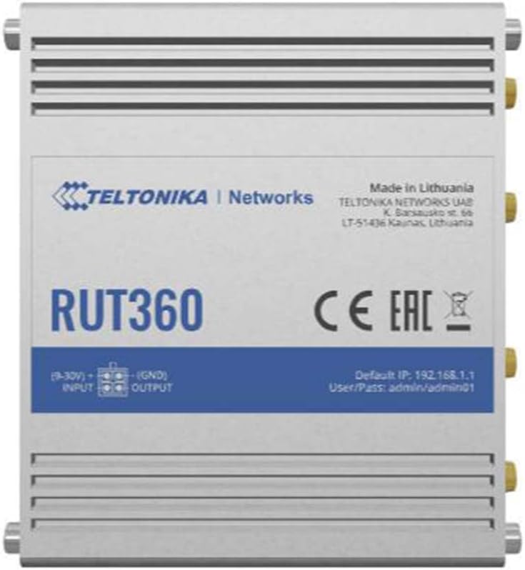 Teltonika RUT360100100 Model RUT360 LTE Industrial Cellular Router; Only for use in USA; 4G/3G Frequencies; Ethernet Interfaces, WiFi and Cellular Module; Compatible with IoT and M2M Applications