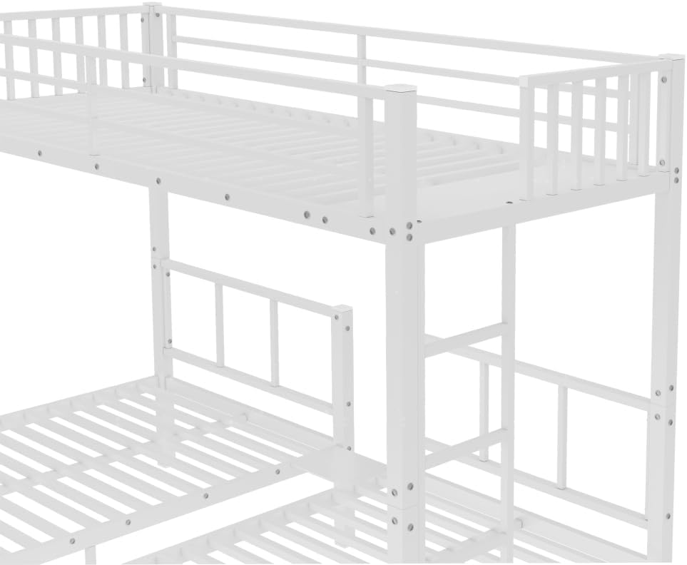 Twin Over Twin & Queen Bunk Bed, with Safety Guardrails,Space-Saving/Noise Reduced,Black (White + Metal)