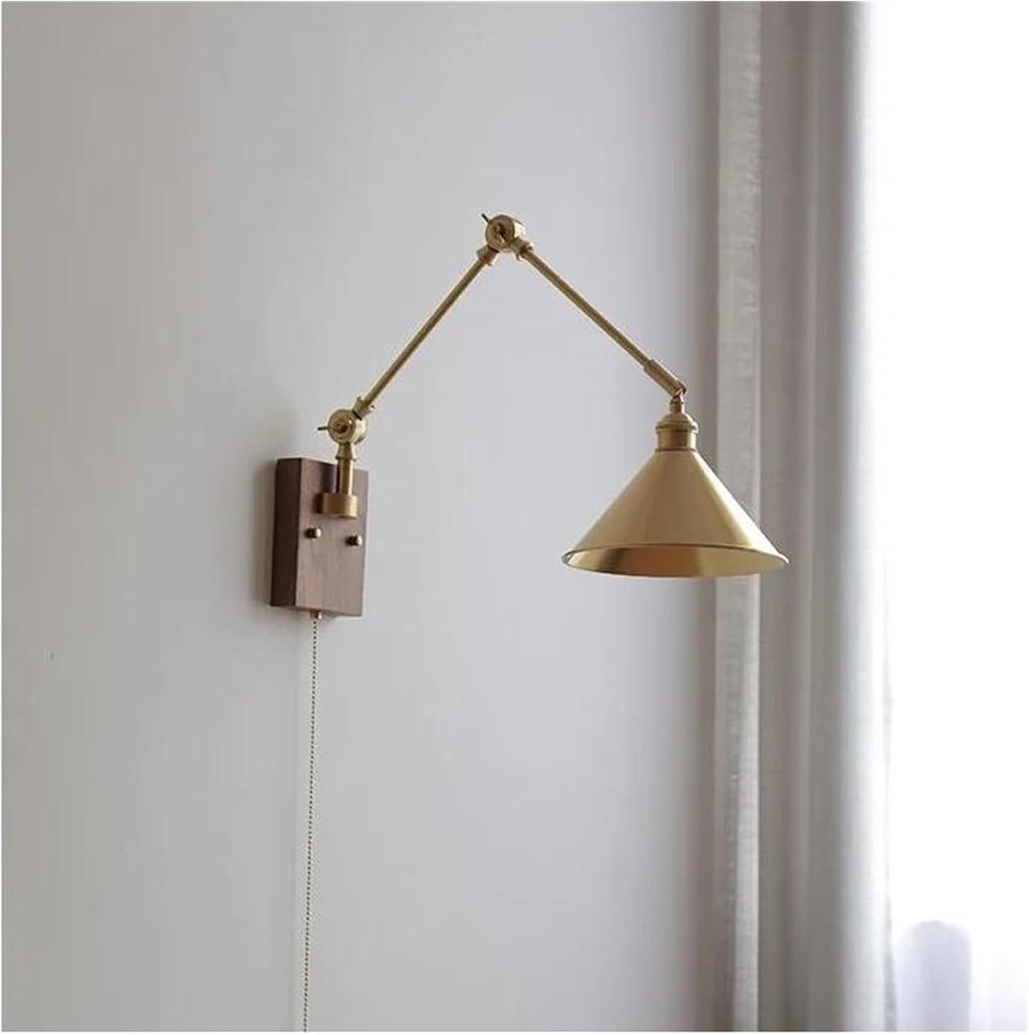 Wall Sconces, Pull Chain Switch LED Wall Light Fixtures Copper Long Arm Walnut Home Indoor Lighting Nordic Modern Wandlamp Luminaria(A)