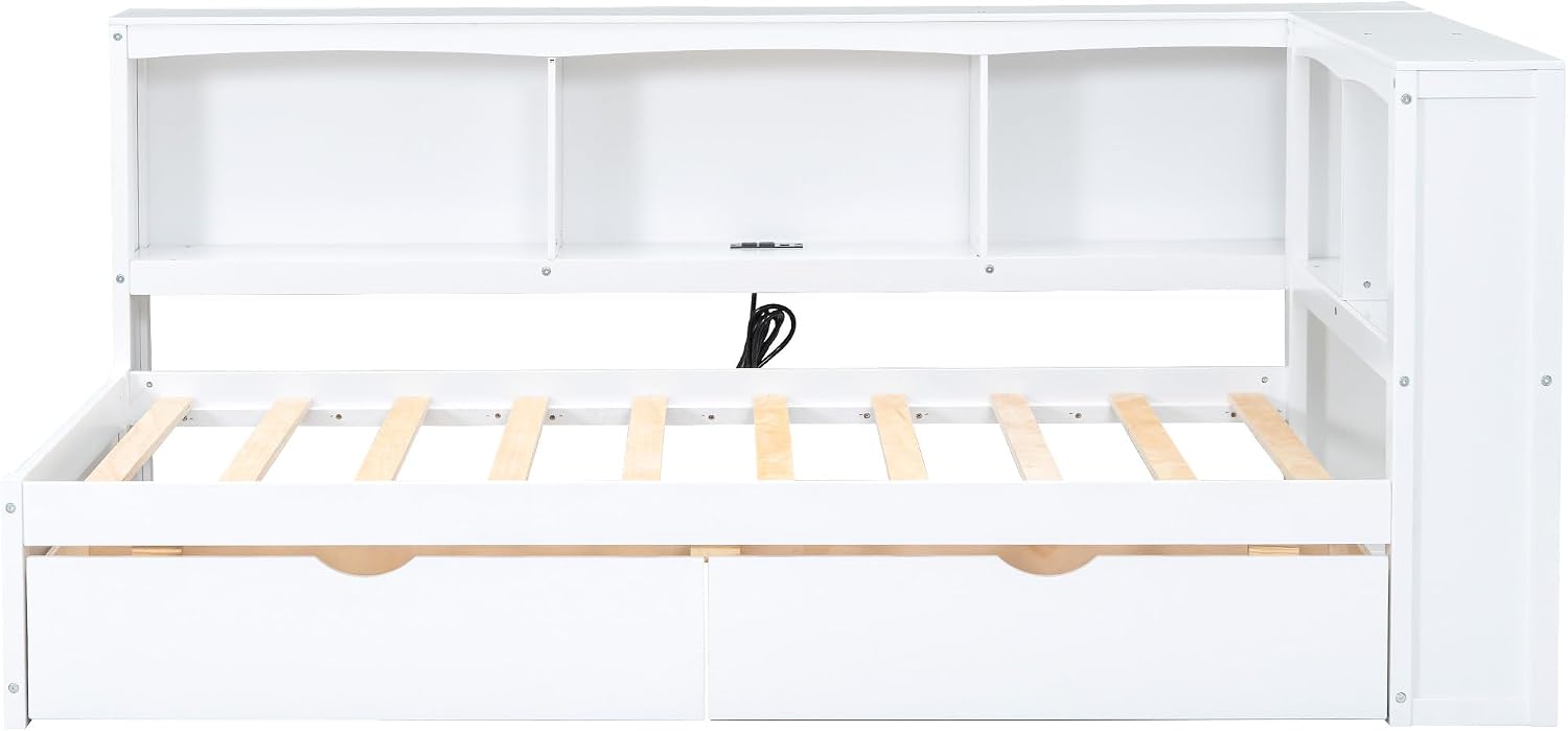 Modern Twin Size Daybed with 2 Storage Drawers, Multifunctional Solid Wood Sofa Bed Frame with Storage Cabinets, USB Portsand and Built-In Charging Station for Living Room,Guest Room (White-186J)