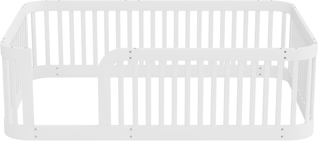 Floor Bed with No Slat, Wood Platform Bed Frame with Fence for Bedroom,No Needed Box Spring (White, Full)