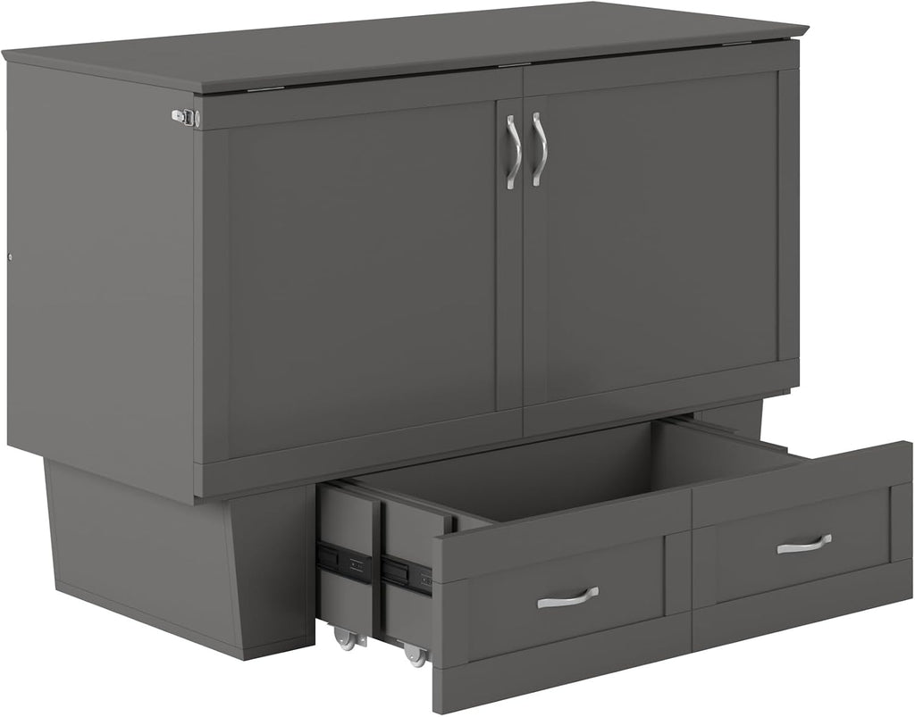 AFI, Monroe Full Murphy Bed Chest with 6' Mattress, Storage Drawer & Built-in USB Charger, Grey