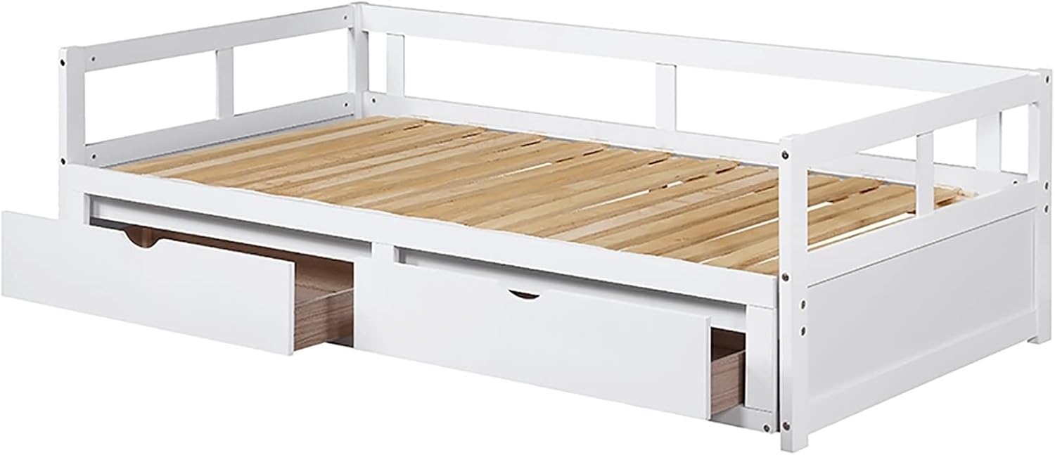 Twin Bed Frame White, Bed Set for Men with 2 Storage Drawers with Solid Wood Slats Daybed for Bedroom Living Room