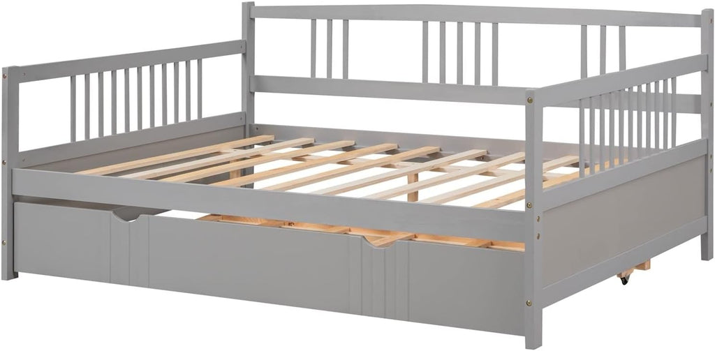 Full Trundle Bed, Bed for Men Grey Solid Wood Bohemian Sofa Bed with Metal Slats Daybed for Teen Adult Bedroom Living Room