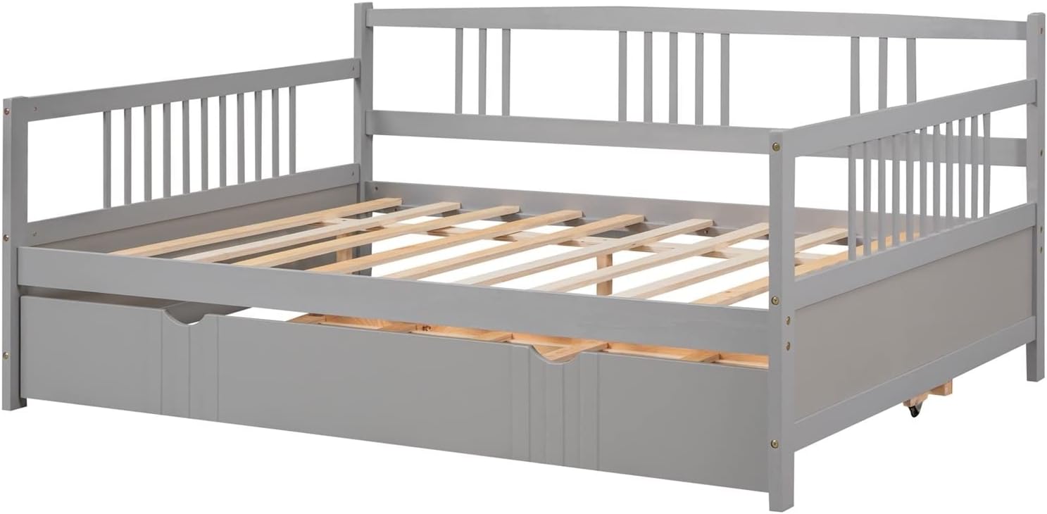 Full Trundle Bed, Bed for Men Grey Solid Wood Bohemian Sofa Bed with Metal Slats Daybed for Teen Adult Bedroom Living Room