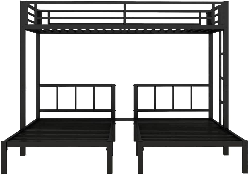 Twin Over Twin & Queen Bunk Bed, with Safety Guardrails,Space-Saving/Noise Reduced,Black (Black + Metal)