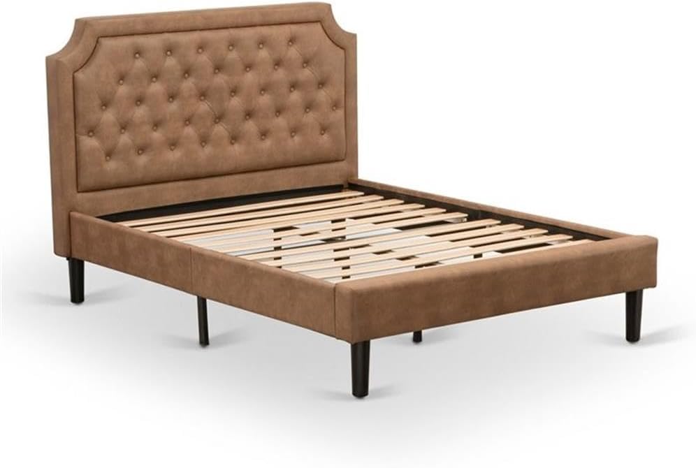 East West Furniture GB28F-1DE07 2-Pc Granbury Bedroom Set with Button Tufted Bed Frame and a Distressed Jacobean Night Stand for Bedrooms - Brown faux Leather with Brown Texture and Black Legs