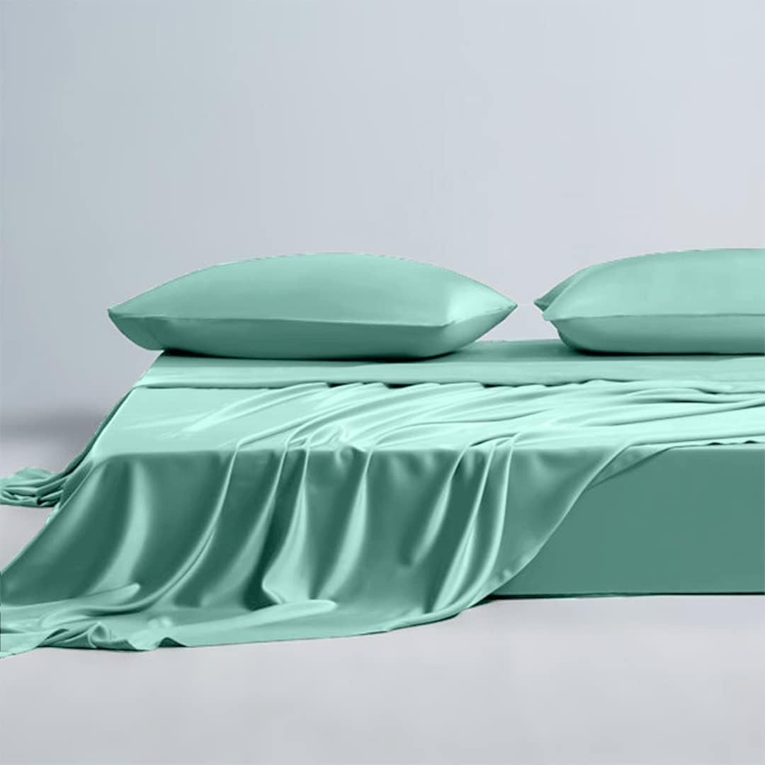 Twin XL Size 4-Piece Sheet Set Premium Mulberry Silk Bed Sheets Set Fits 14-16' Deep Pocket - Luxurious Soft Silk (Solid, Aqua)