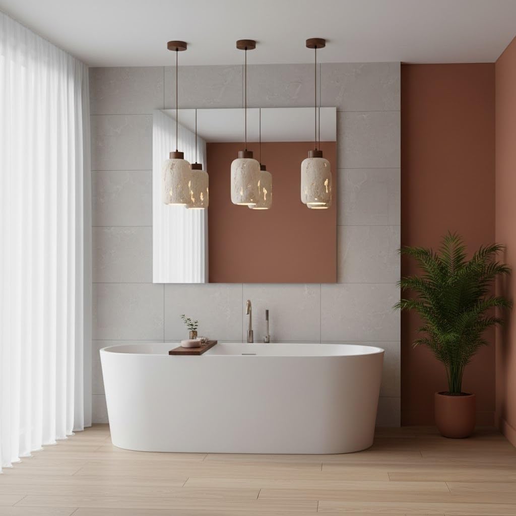 Lámpara Colgante Piedra Travertino Natural Pantalla Tipo ARO Luminaria Techo Luz Suspendida Chandelier para Cocina Isla Barra Recámara Entrada Iluminación Interior