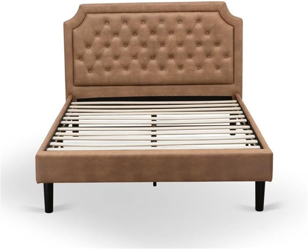 East West Furniture GB28F-1DE07 2-Pc Granbury Bedroom Set with Button Tufted Bed Frame and a Distressed Jacobean Night Stand for Bedrooms - Brown faux Leather with Brown Texture and Black Legs