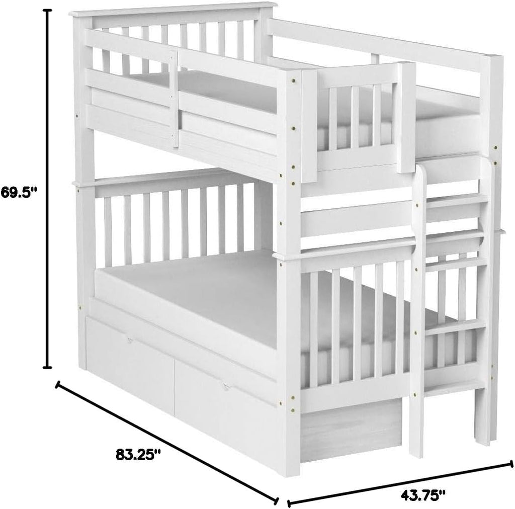 Bedz King Tall Bunk Beds Twin Over Twin Mission Style, End Ladder, 2 Storage Drawers, White