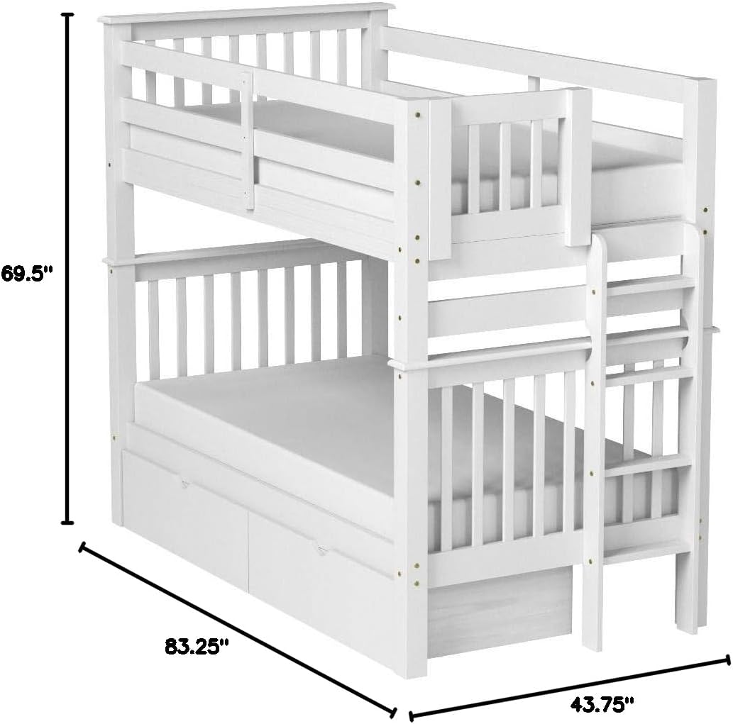 Bedz King Tall Bunk Beds Twin Over Twin Mission Style, End Ladder, 2 Storage Drawers, White