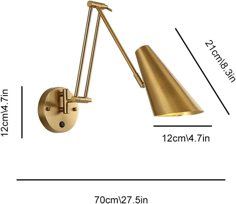 Vintage Industrial Black Swing Wall Sconce E27 Adjustable Foldable Bedside Reading Lamp Bookcase Wall Light Bedroom Study Living Room(Gold)