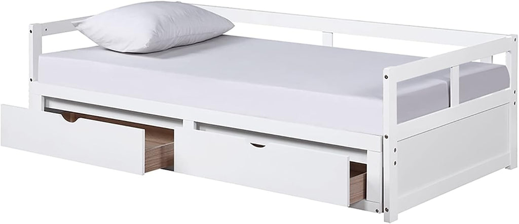 Twin Bed Frame White, Bed Set for Men with 2 Storage Drawers with Solid Wood Slats Daybed for Bedroom Living Room