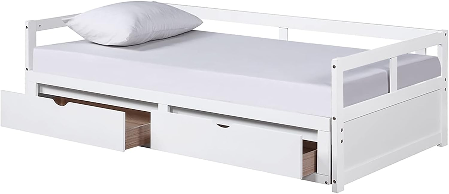 Twin Bed Frame White, Bed Set for Men with 2 Storage Drawers with Solid Wood Slats Daybed for Bedroom Living Room