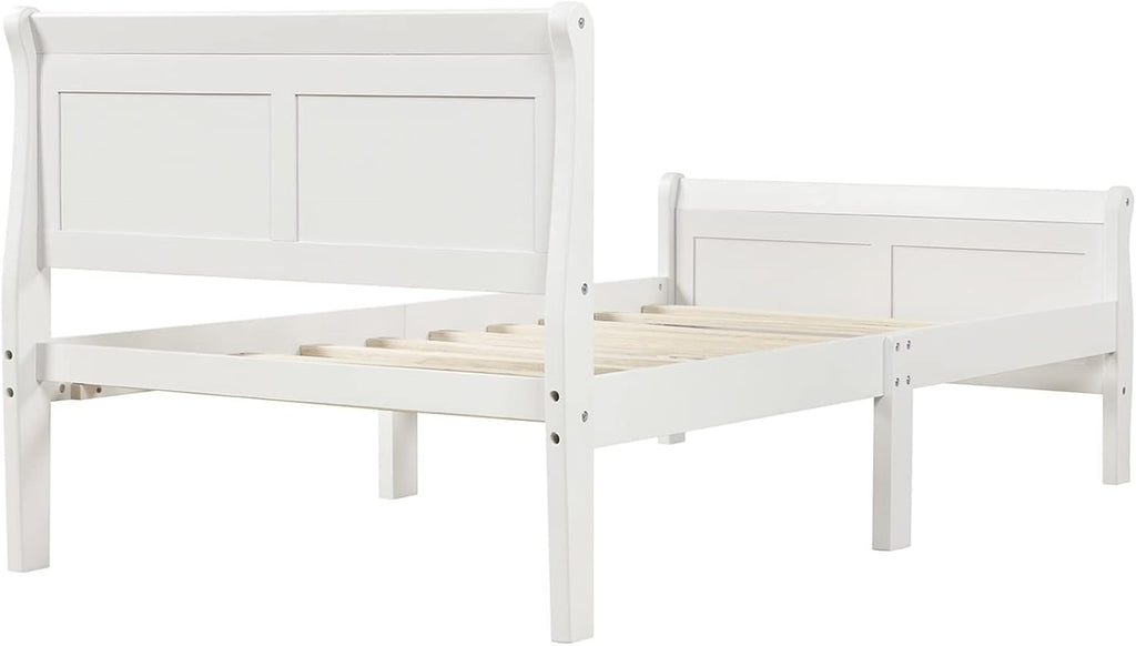 Twin Bed Frame, Twin Bed Headboard Wood Platform Bed White Twin Easy Assembly Bedroom Decor Set Noise Free