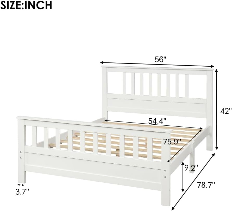 Sturdy Wooden Platform Bed Frame with Integrated Headboard and Footboard for Supportive, Minimalist Bedroom Setup (White + Pine + Full)